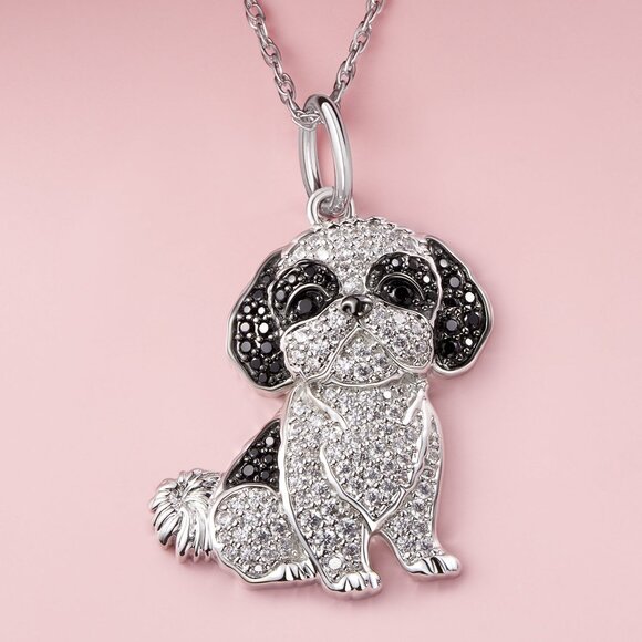 Shih Tzu Pet Lovers Dog Breed Puppy Owners Rhodium Sterling Silver CZ Necklace - Picture 1 of 9